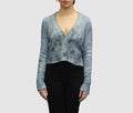 Avant Toi Daisy Print Brushed Cotton V Neck Crop Cardigan With Destroyed Edges In