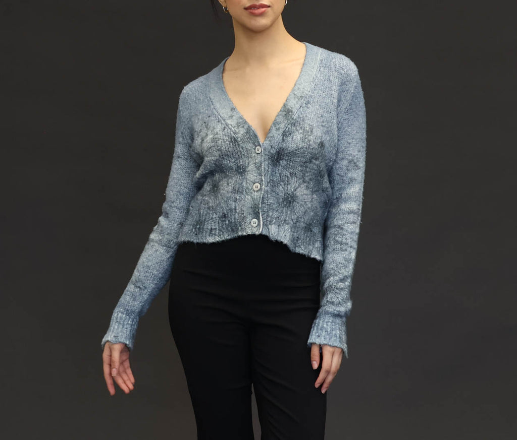 Avant Toi Daisy Print Brushed Cotton V Neck Crop Cardigan With Destroyed Edges In