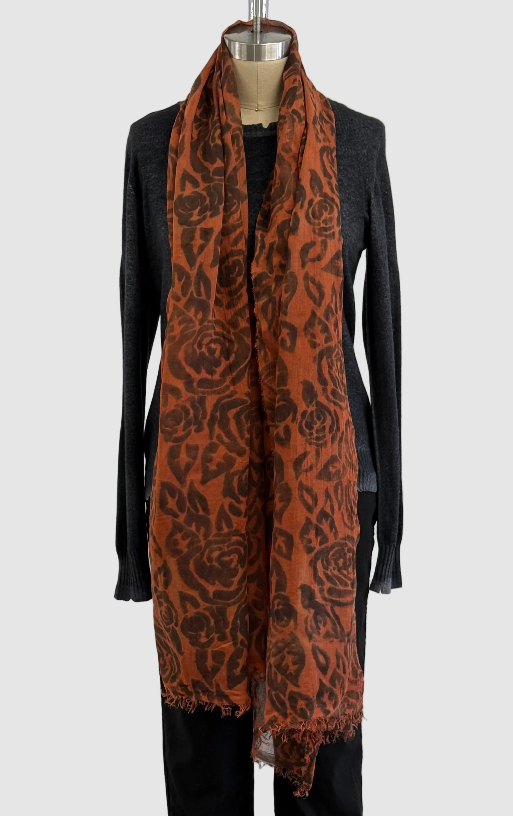 Annie Turbin Rust With Black Roses Modal Scarf