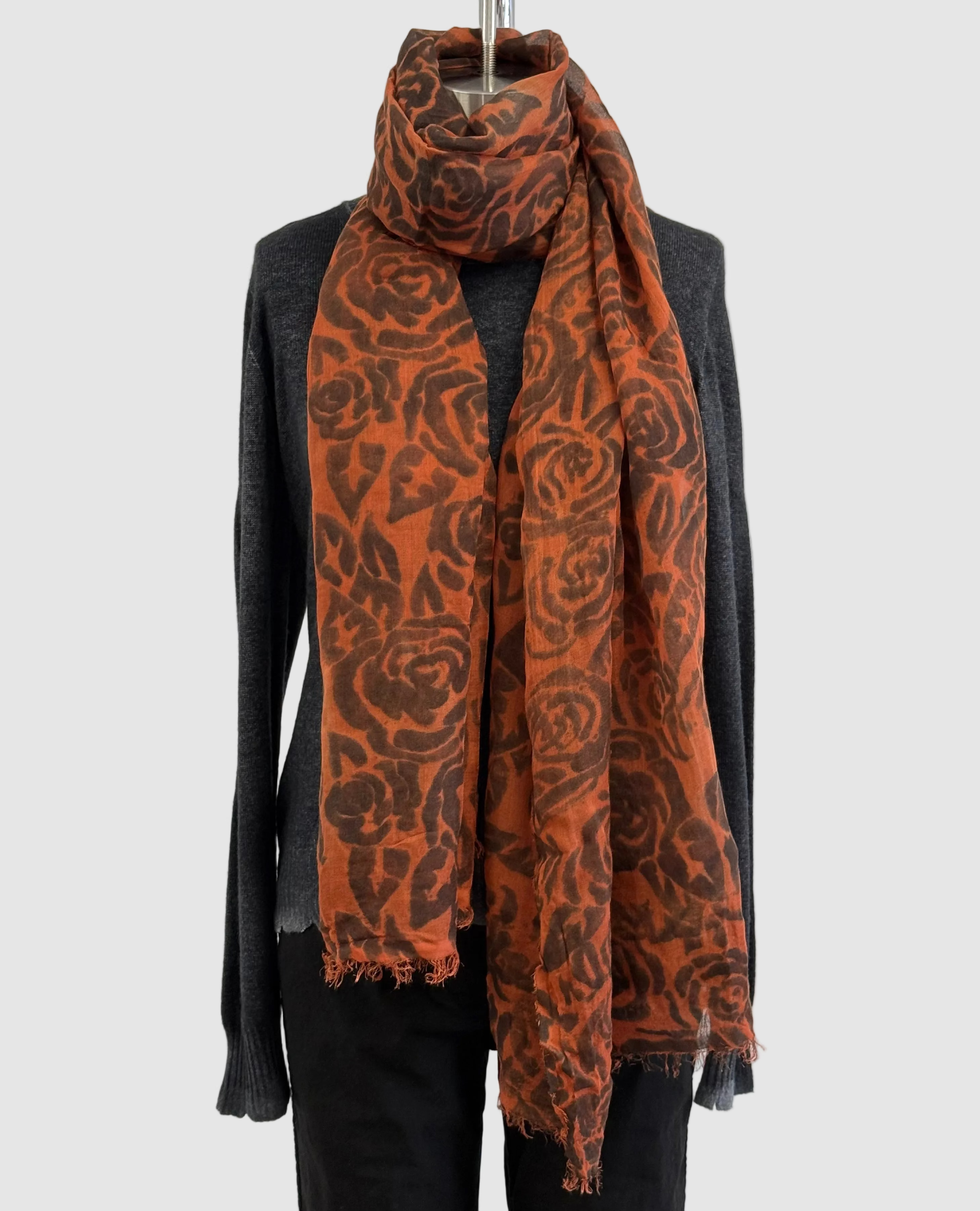 Annie Turbin Rust With Black Roses Modal Scarf