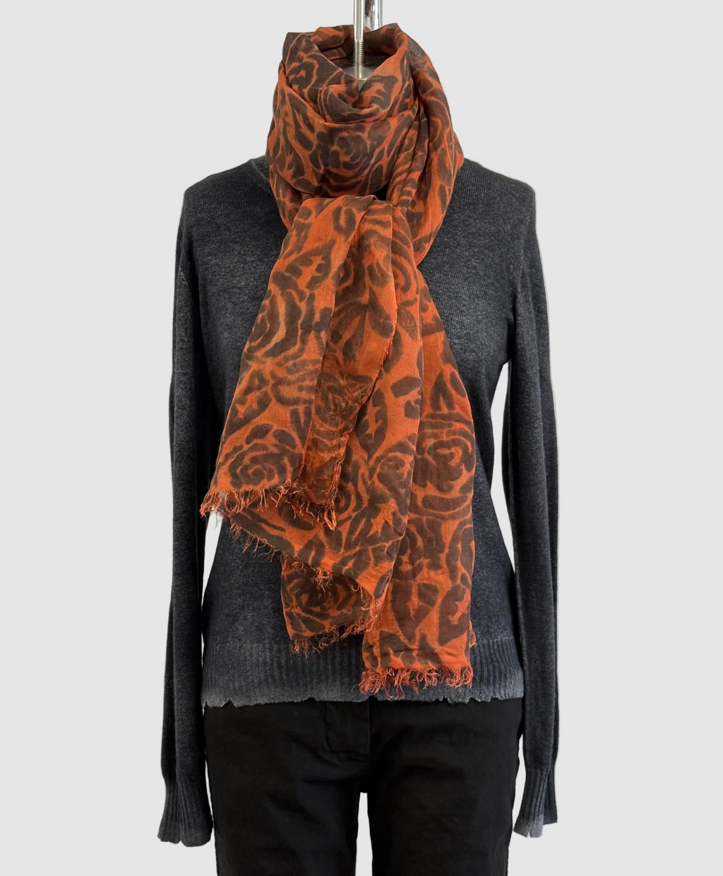 Annie Turbin Rust With Black Roses Modal Scarf