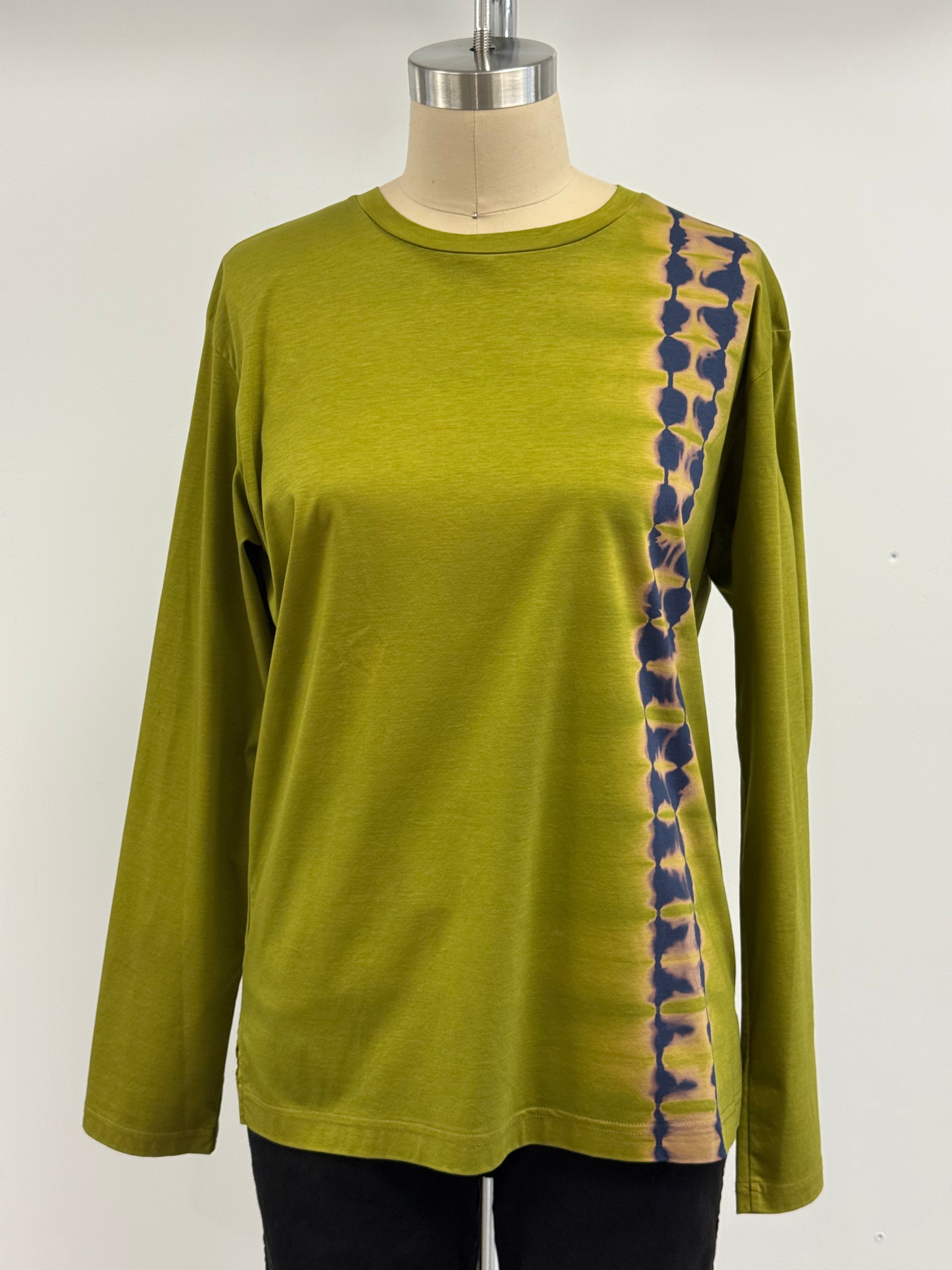 Suzusan Nuisuji Shibori Rail Silky Cotton Tee in Olive + Navy