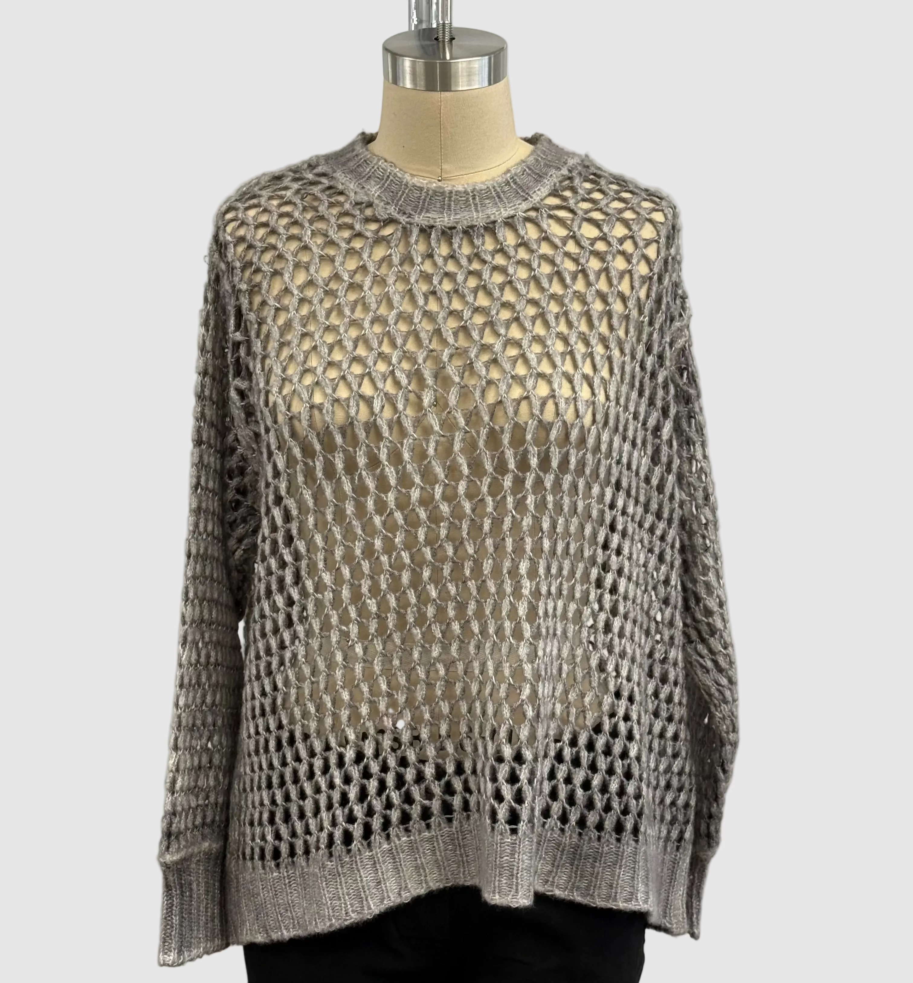 Avant Toi Hand Painted Lace Stitch Cashmere Silk Pullover in Ash