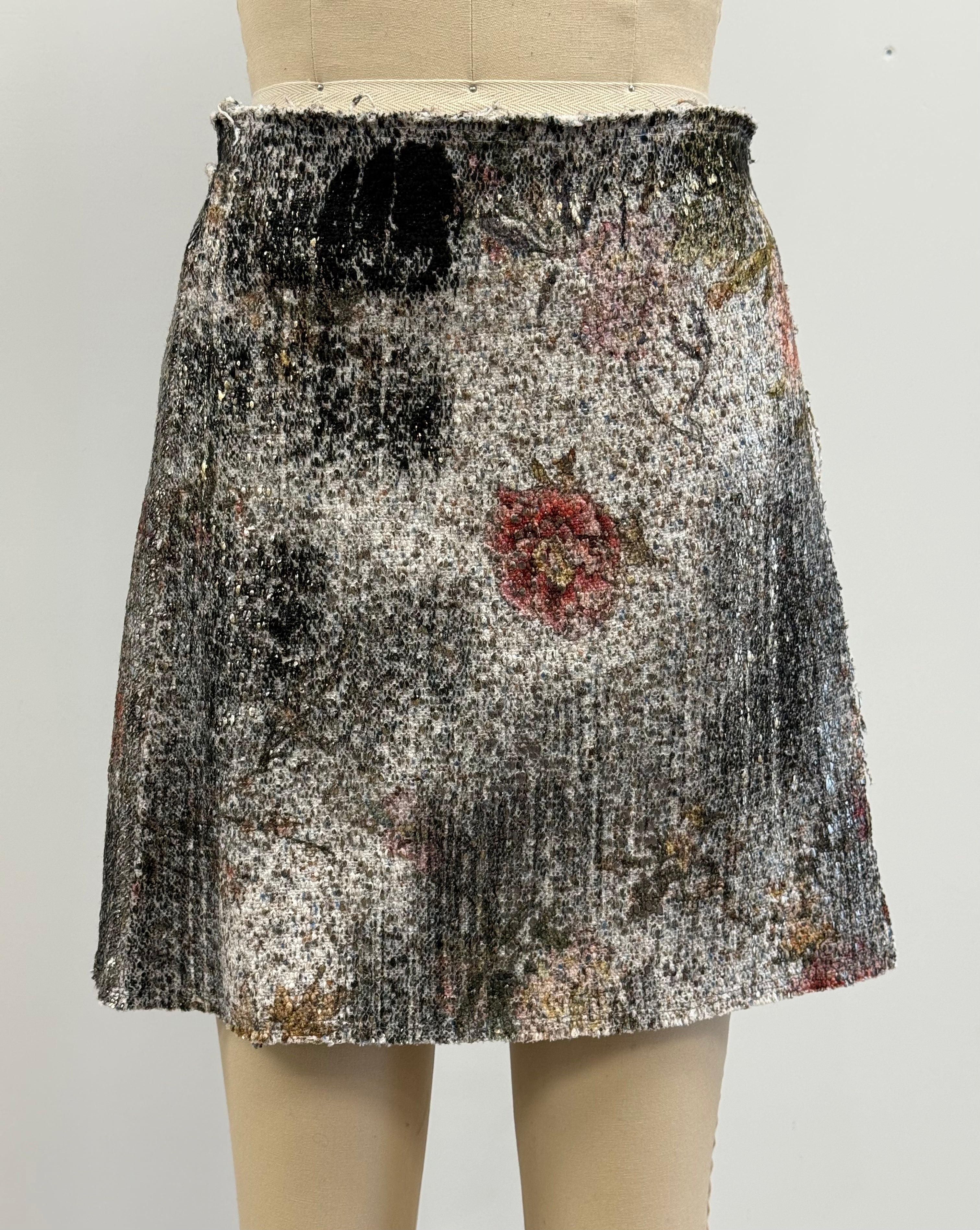 Avant Toi Cherry Bloom Print Wrap Skirt with Scratched Effect Lamination in Wisteria