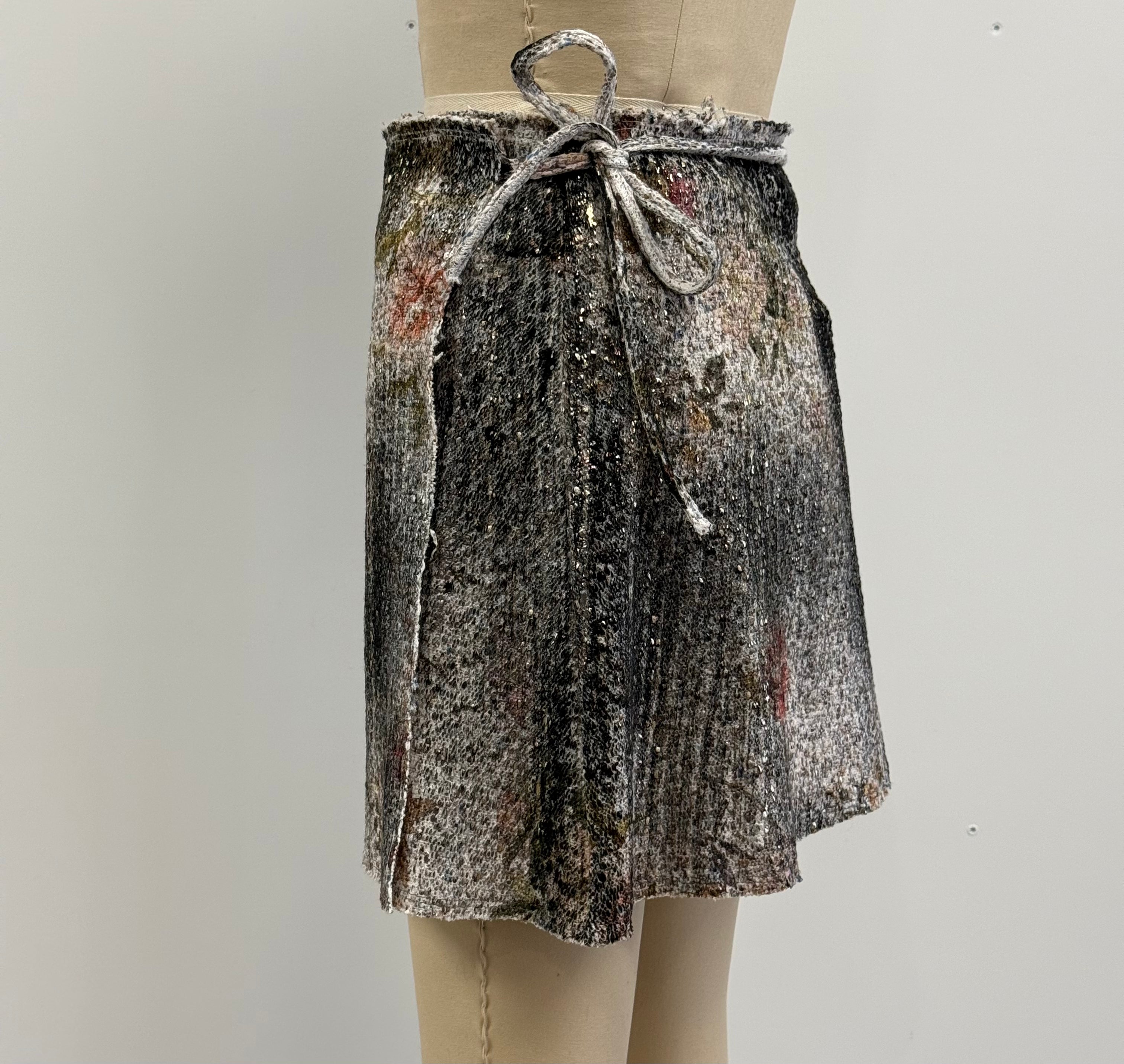 Avant Toi Cherry Bloom Print Wrap Skirt with Scratched Effect Lamination in Wisteria