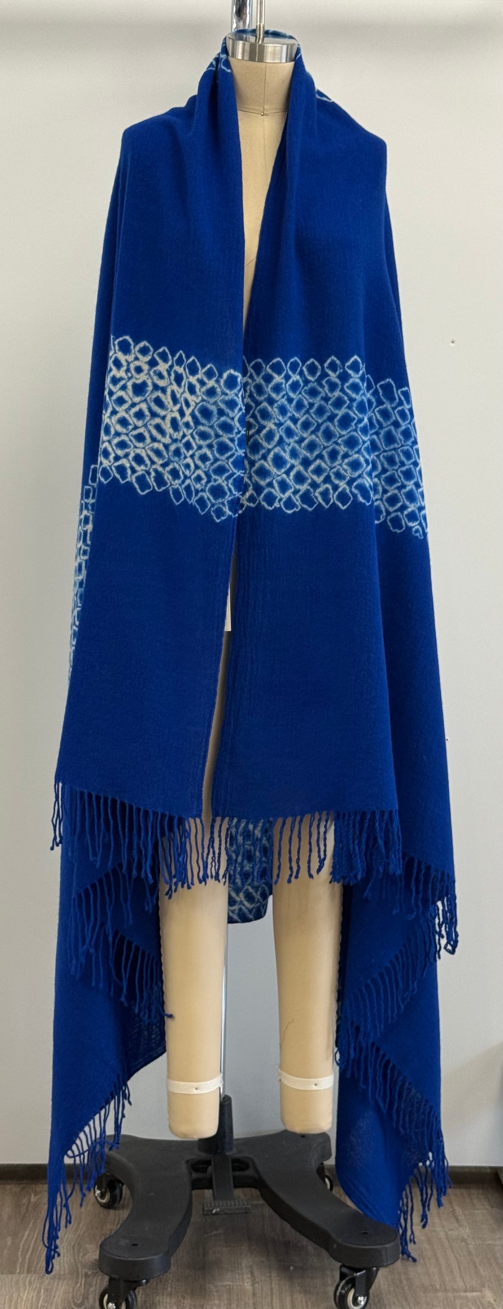 Suzusan Merino Wool Cashmere Miura Shibori "Border" Hand Fringed Throw in Royal Blue