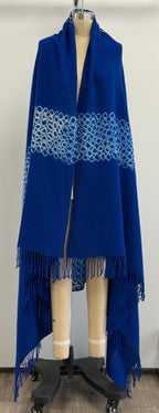 Suzusan Merino Wool Cashmere Miura Shibori "Border" Hand Fringed Throw in Royal Blue