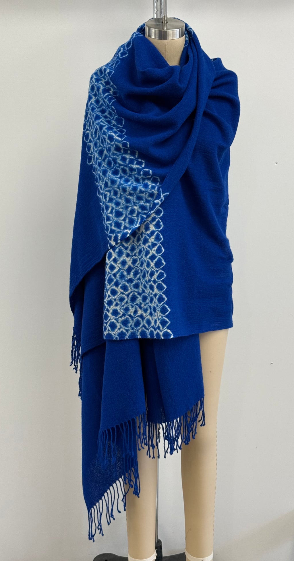 Suzusan Merino Wool Cashmere Miura Shibori "Border" Hand Fringed Throw in Royal Blue