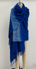 Suzusan Merino Wool Cashmere Miura Shibori "Border" Hand Fringed Throw in Royal Blue