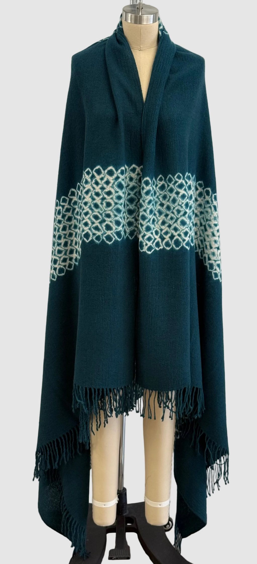 Suzusan Merino Wool Cashmere Miura Shibori "Border" Hand Fringed Throw in Spruce