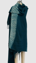 Suzusan Merino Wool Cashmere Miura Shibori "Border" Hand Fringed Throw in Spruce