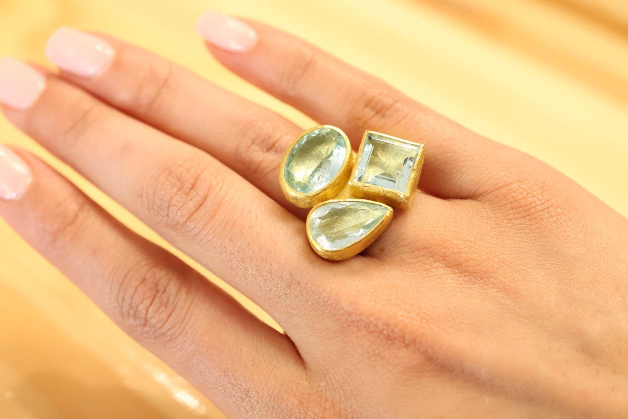 Three Stone Aquamarine Ring in 22K and 18K Gold