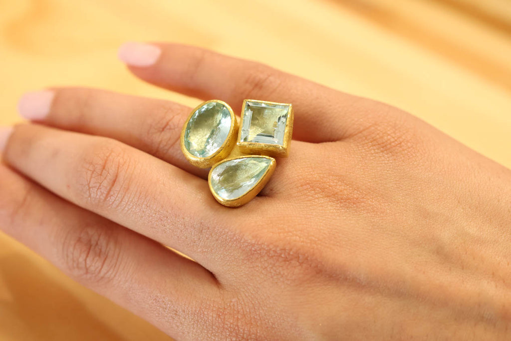 Three Stone Aquamarine Ring in 22K and 18K Gold