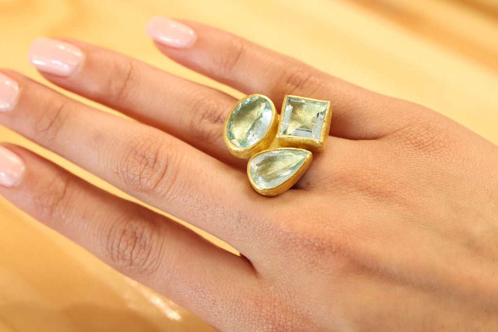 Three Stone Aquamarine Ring in 22K and 18K Gold