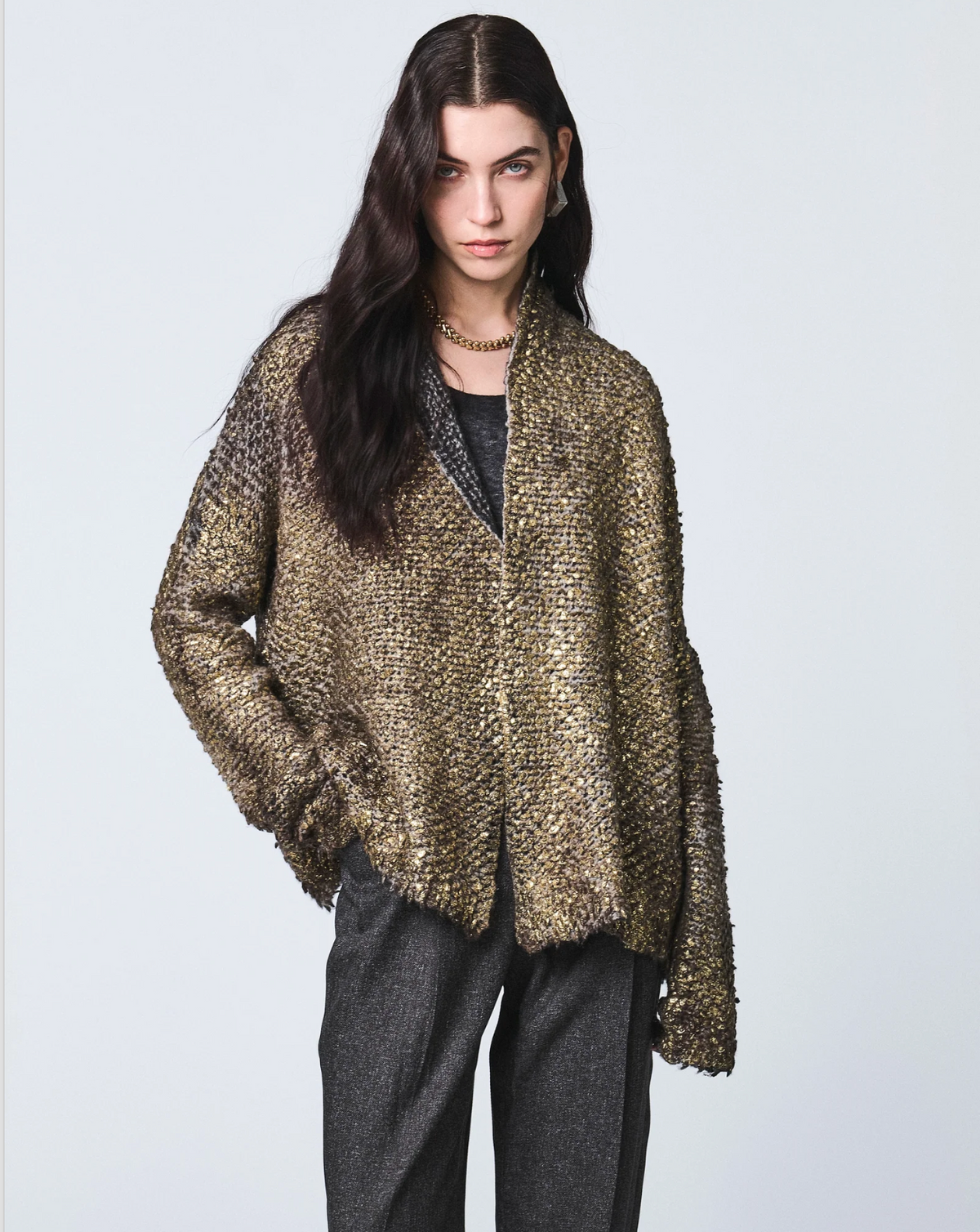 Avant Toi Hand-Painted Cashmere & Silk Furry Stitch Open Cardigan with Lamination in N/Yak