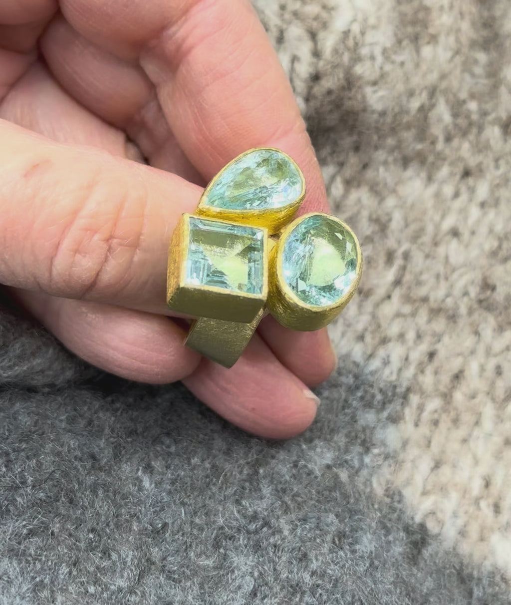 Three Stone Aquamarine Ring in 22K and 18K Gold