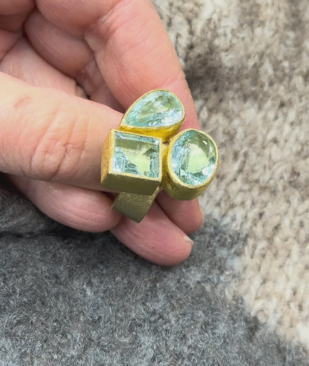 Three Stone Aquamarine Ring in 22K and 18K Gold