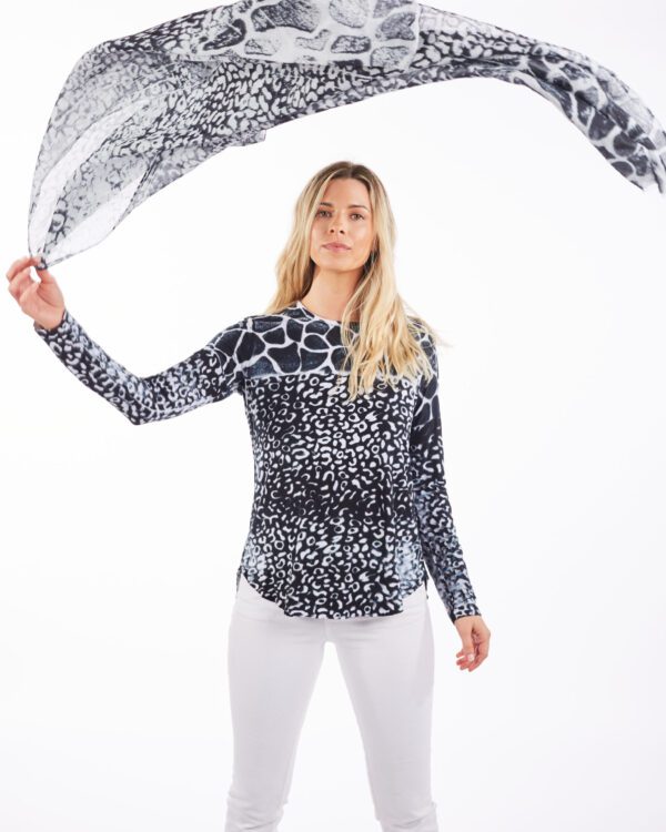 SILK MODAL SCARF - B & W GIRAFFE TOP LEOPARD BOTTOM - Image 4