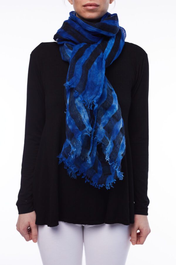 LINEN SCARF - ELECTRIC BLUE BLACK STRIPE - Image 2