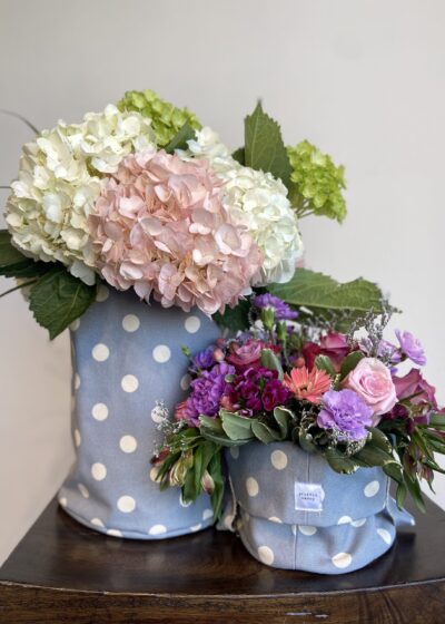 A Powder Blue Color Cloth Vase With White Polka Dots