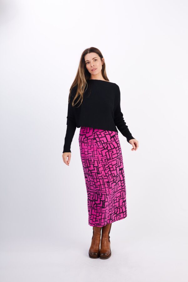 A Woman in a Black Color Top and Pink Skirt