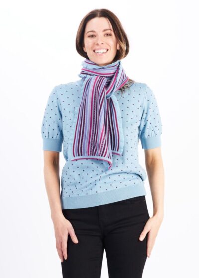 A Woman in a Blue Sweater With a Scarf