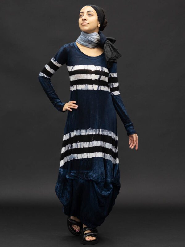 GILDA MIDANI LONG BALLOON DRESS STRIPES BLACK + DRESS BLUE - Image 3