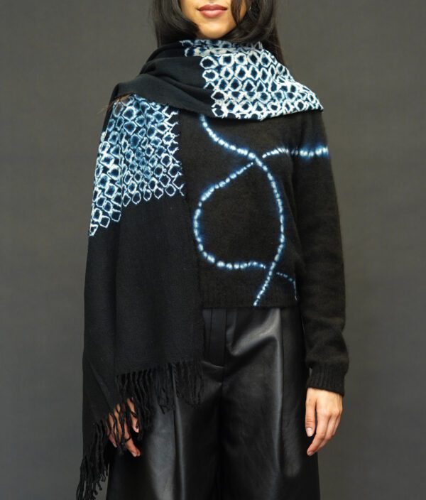 SUZUSAN WOOL AND CASHMERE BLACK IVORY HAND FRINGED SHAWL