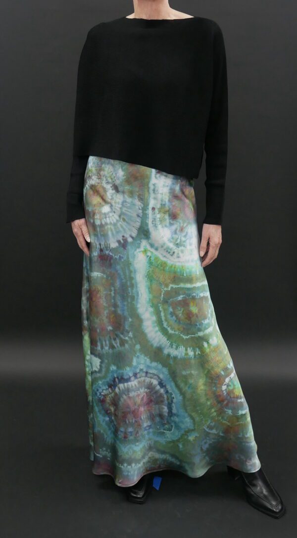 ANNIE TURBIN LONG BIAS SILK SKIRT IN GREEN RED GEODE