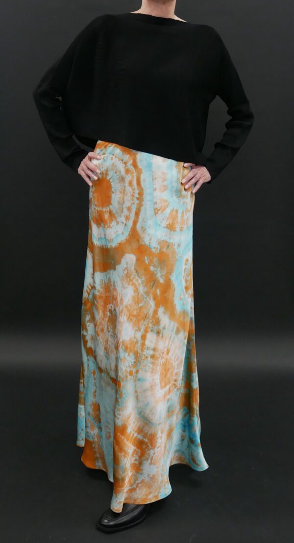 ANNIE TURBIN LONG BIAS SILK SKIRT IN ORANGE/TURQUOISE