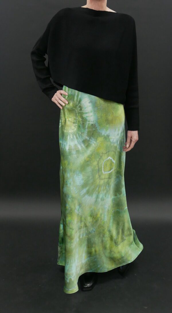 ANNIE TURBIN LONG BIAS SILK SKIRT IN GREEN GEODE