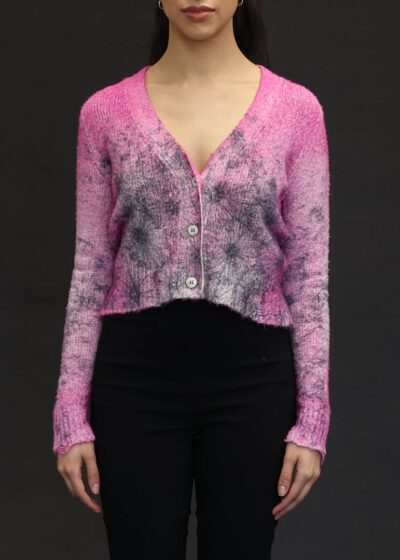 AVANT TOI DAISY PRINT BRUSHED COTTON V NECK CROP CARDIGAN IN ROSA FLUO